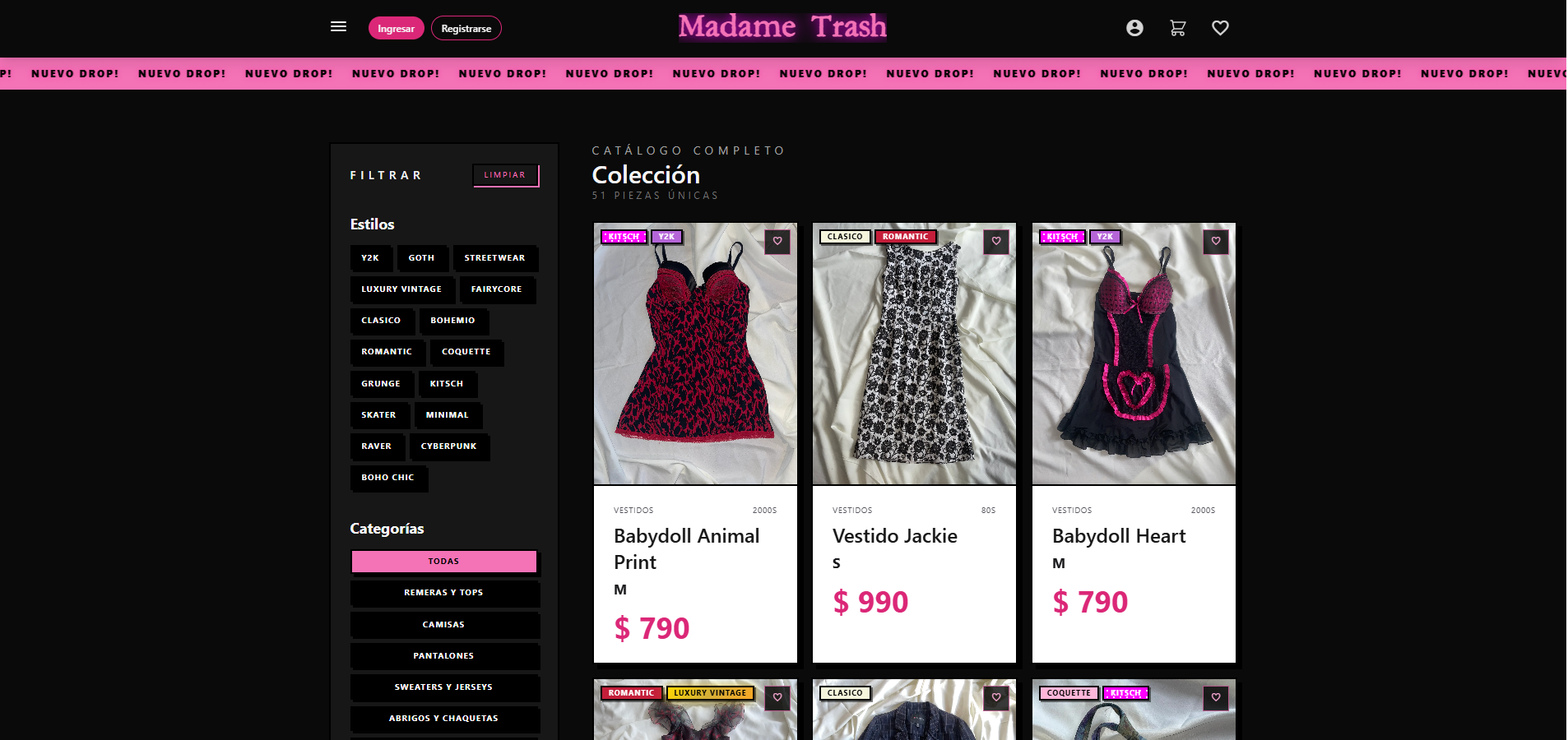 Catálogo real de Madame Trash con filtros de estilo y prendas