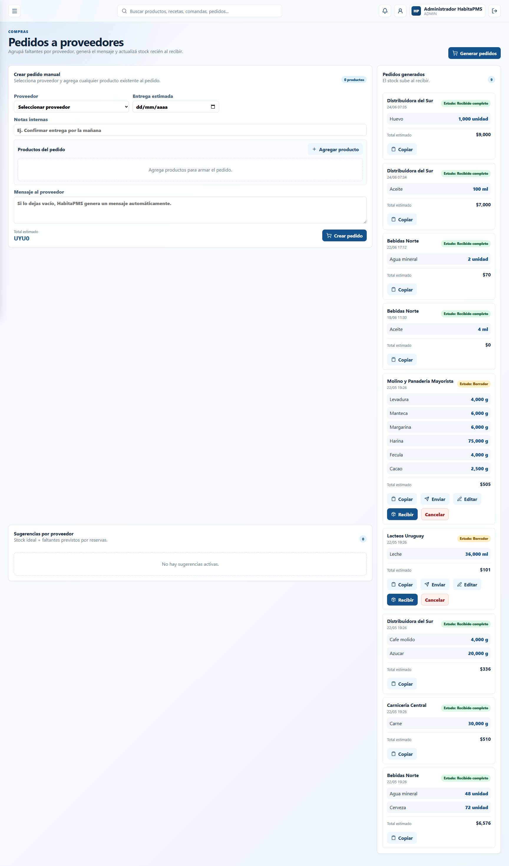 Pedidos y sugerencias de compra a proveedores
