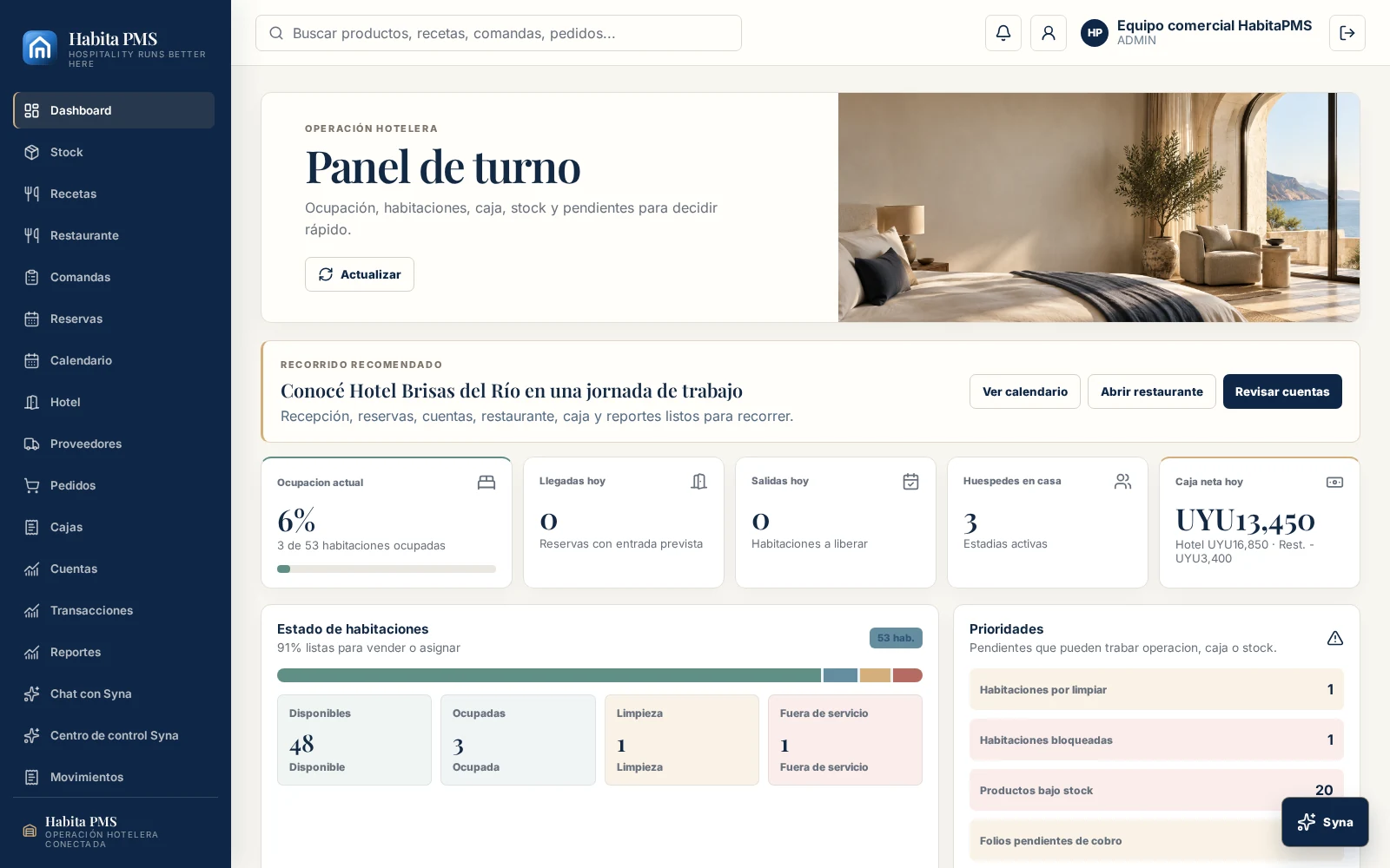 Dashboard real de Habita PMS con ocupación, habitaciones, caja y prioridades