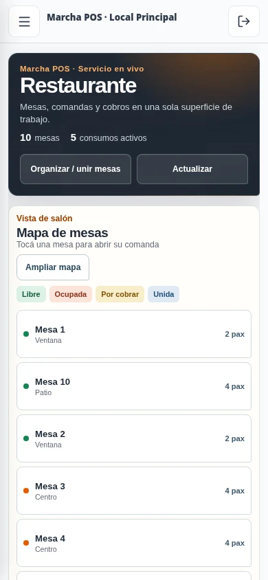 Marcha POS en un teléfono, mostrando el salón del local de demostración
